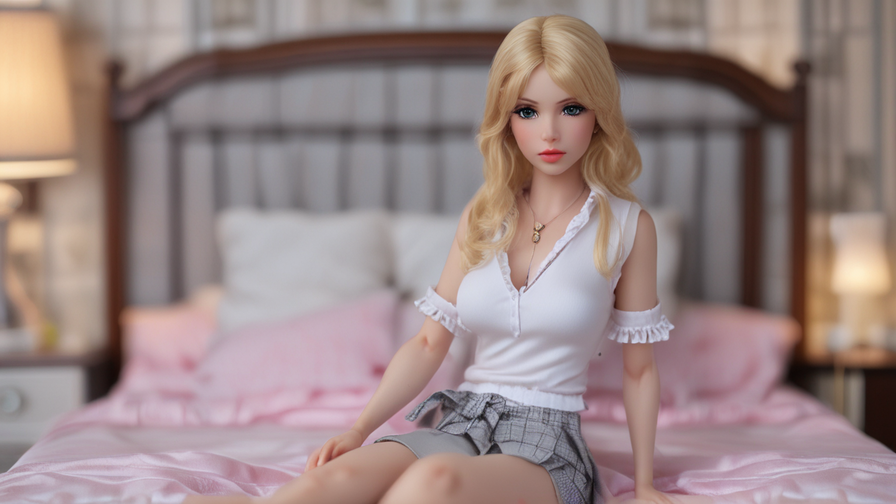 AI Generated blonde sex doll sitting on bed in sexy outfit