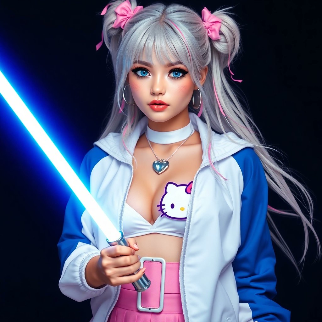 AI Generated blonde girl with hello kitty designs and light saber